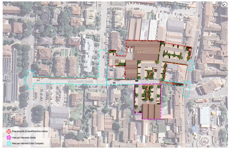 06 - il progetto dall'alto con i nuovi edifici e parcheggi